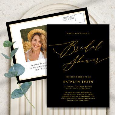 Black Gold Elegant Script Modern Bridal Shower Invitation PostInvitations
