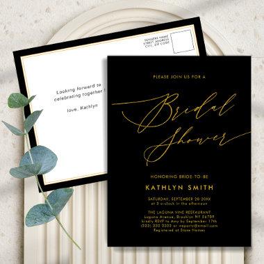 Black Gold Elegant Script Modern Bridal Shower Invitation PostInvitations