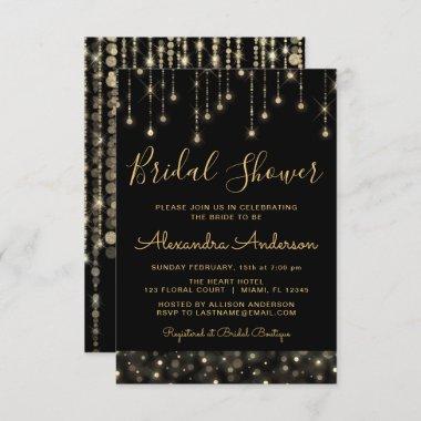 Black Gold Elegant String Lights Bridal Shower Invitations