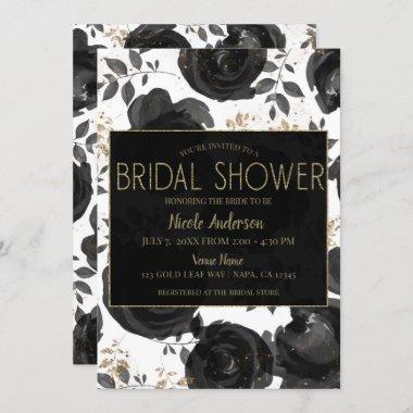 Black Gold Floral Glam Leaves Bridal Shower Invitations