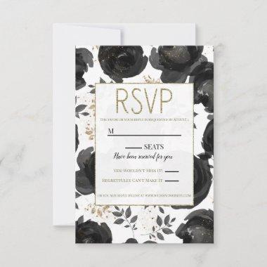 Black Gold Floral Glam Leaves Wedding RSVP Card