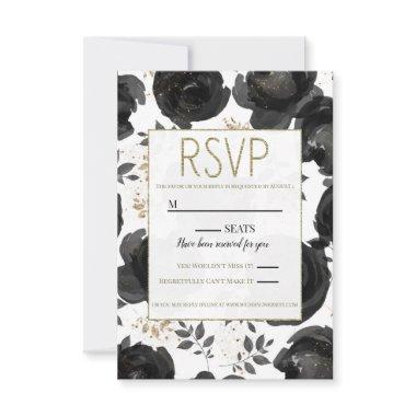 Black Gold Floral Glam Leaves Wedding RSVP Card