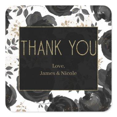 Black Gold Floral Glam Leaves Wedding Square Sticker