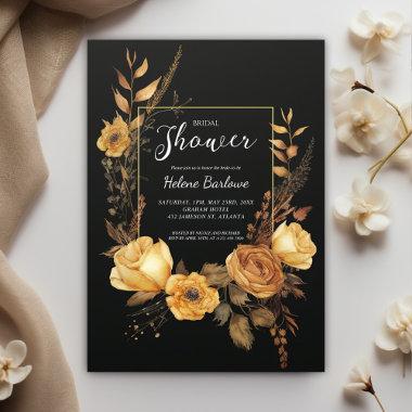 Black Gold Floral Watercolor Bridal Shower Invitations