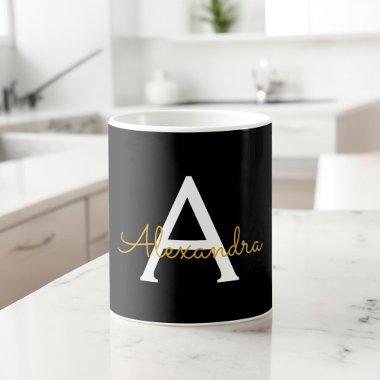 Black Gold Girly Script Monogram Name Modern Coffee Mug