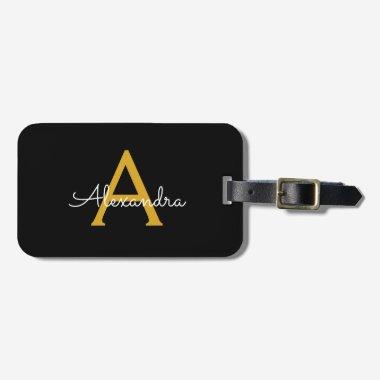 Black Gold Girly Script Monogram Name Modern Luggage Tag