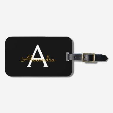 Black Gold Girly Script Monogram Name Modern Luggage Tag