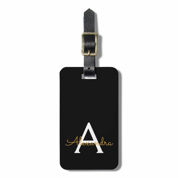 Black Gold Girly Script Monogram Name Modern Luggage Tag