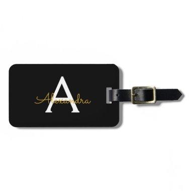 Black Gold Girly Script Monogram Name Modern Luggage Tag