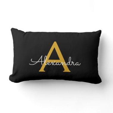 Black Gold Girly Script Monogram Name Modern Lumbar Pillow