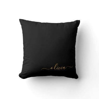 Black Gold Girly Script Monogram Name Modern Throw Pillow