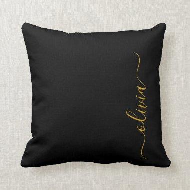 Black Gold Girly Script Monogram Name Modern Throw Pillow