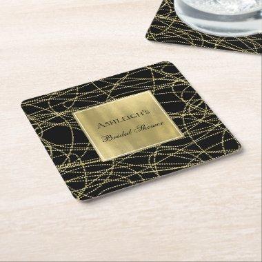 Black Gold Glam Abstract  Square Paper Coaster