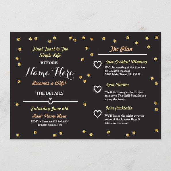 Black & Gold Glitter Bachelorette Itinerary Invite