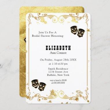 Black Gold Glitter Comedy & Tragedy Bridal Shower Invitations