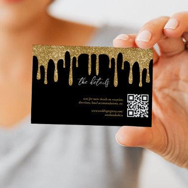 Black & Gold Glitter Drip QR Code Wedding Details Enclosure