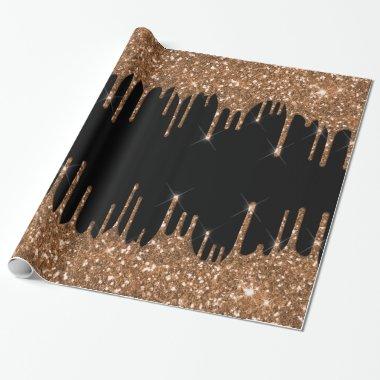 Black gold glitter drips girly luxury wrapping paper