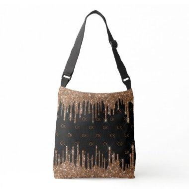 Black gold glitter drips monogram elegant crossbody bag