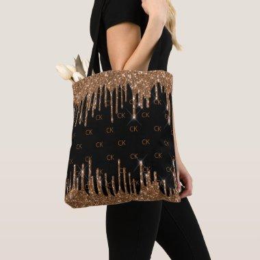 Black gold glitter drips monogram elegant tote bag