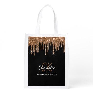 Black gold glitter drips monogram initials grocery grocery bag