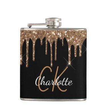 Black gold glitter drips monogram sparkle elegant flask