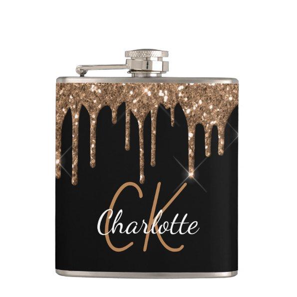 Black gold glitter drips monogram sparkle elegant flask