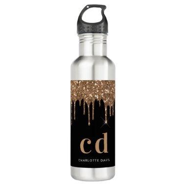 Black gold glitter drips monogram sparkle elegant stainless steel water bottle