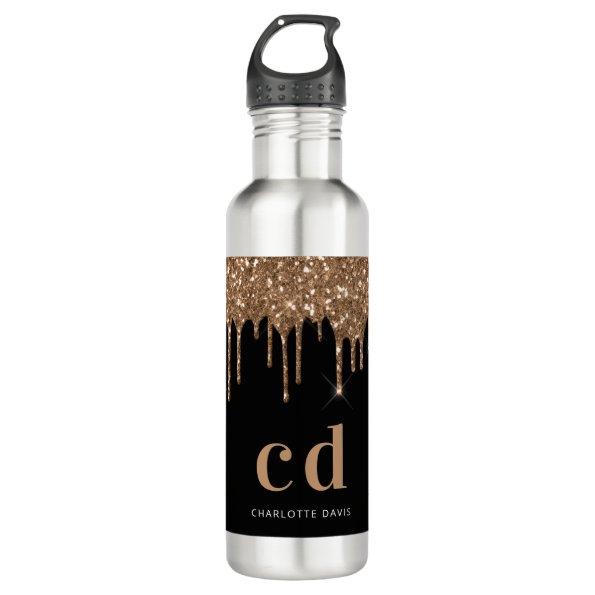 Black gold glitter drips monogram sparkle elegant stainless steel water bottle