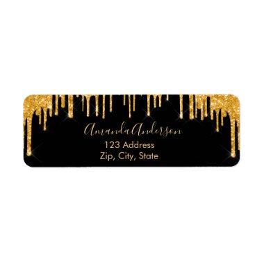 Black gold glitter drips sparkle return address label