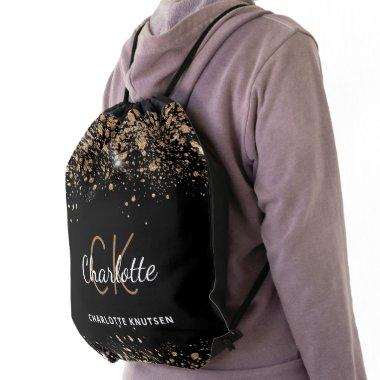 Black gold glitter dust monogram initials drawstring bag
