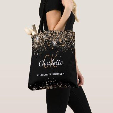 Black gold glitter dust monogram initials tote bag