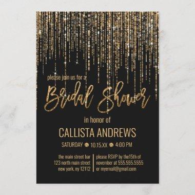 Black Gold Glitter Fringe Curtain Bridal Shower Invitations