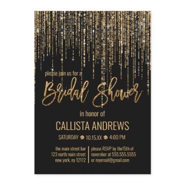 Black Gold Glitter Fringe Curtain Bridal Shower Invitations