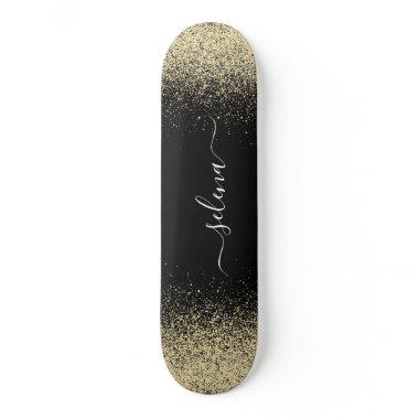 Black Gold Glitter Girly Monogram Skateboard
