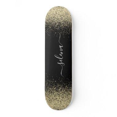 Black Gold Glitter Girly Monogram Skateboard