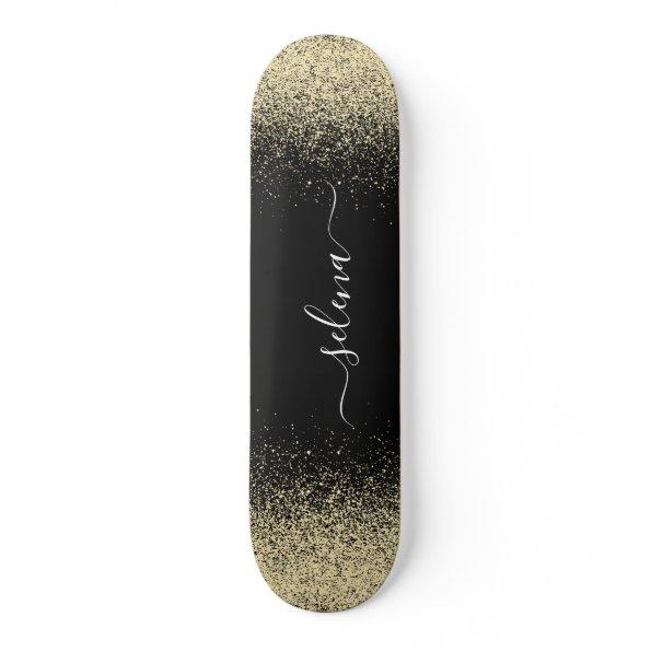Black Gold Glitter Girly Monogram Skateboard