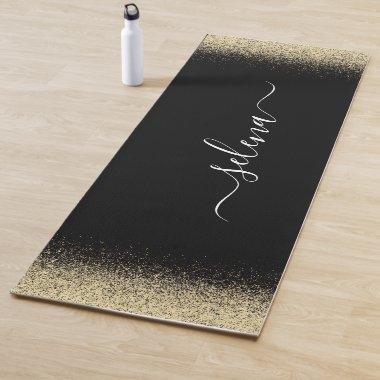 Black Gold Glitter Girly Monogram Yoga Mat