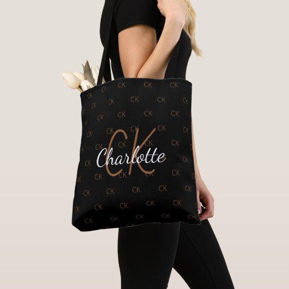 Black gold glitter monogram name elegant tote bag