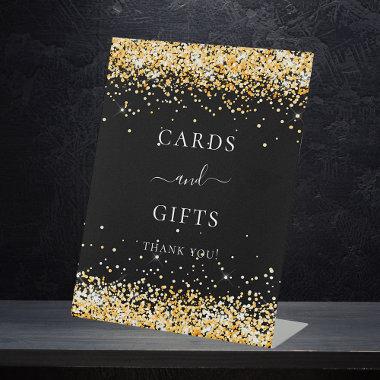 Black gold glitter sparkle Invitations gift pedestal sign