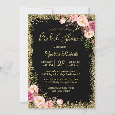 Black Gold Glitters Floral Glamour Bridal Shower Invitations