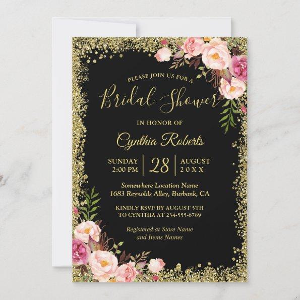 Black Gold Glitters Floral Glamour Bridal Shower Invitations