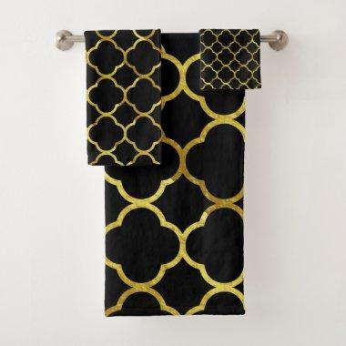 Black Gold Golden Quatrefoil Patterns Elegant Cool Bath Towel Set