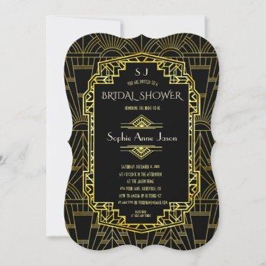 Black & Gold Great Gatsby Art Deco Bridal Shower Invitations