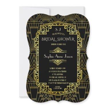 Black & Gold Great Gatsby Art Deco Bridal Shower Invitations