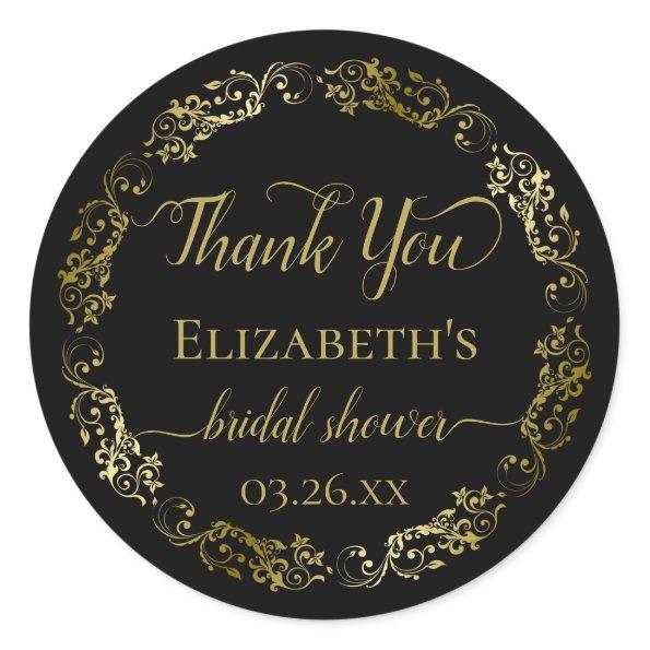 Black & Gold Lace Elegant Bridal Shower Thank You Classic Round Sticker