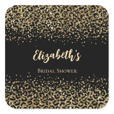 Black Gold Leopard Print Glitter Bridal Shower Square Sticker