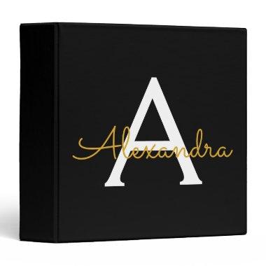 Black Gold Modern Elegant Girly Monogram Name 3 Ring Binder