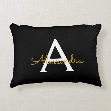 Black Gold Modern Script Girly Monogram Name Accent Pillow