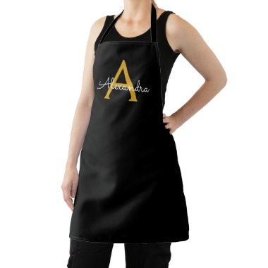 Black Gold Modern Script Girly Monogram Name Apron