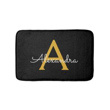 Black Gold Modern Script Girly Monogram Name Bath Mat